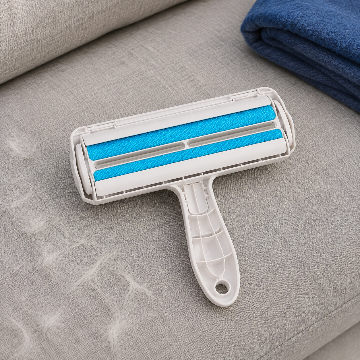 AI scene illustration of the roller on sofa upholstery, not a performance test